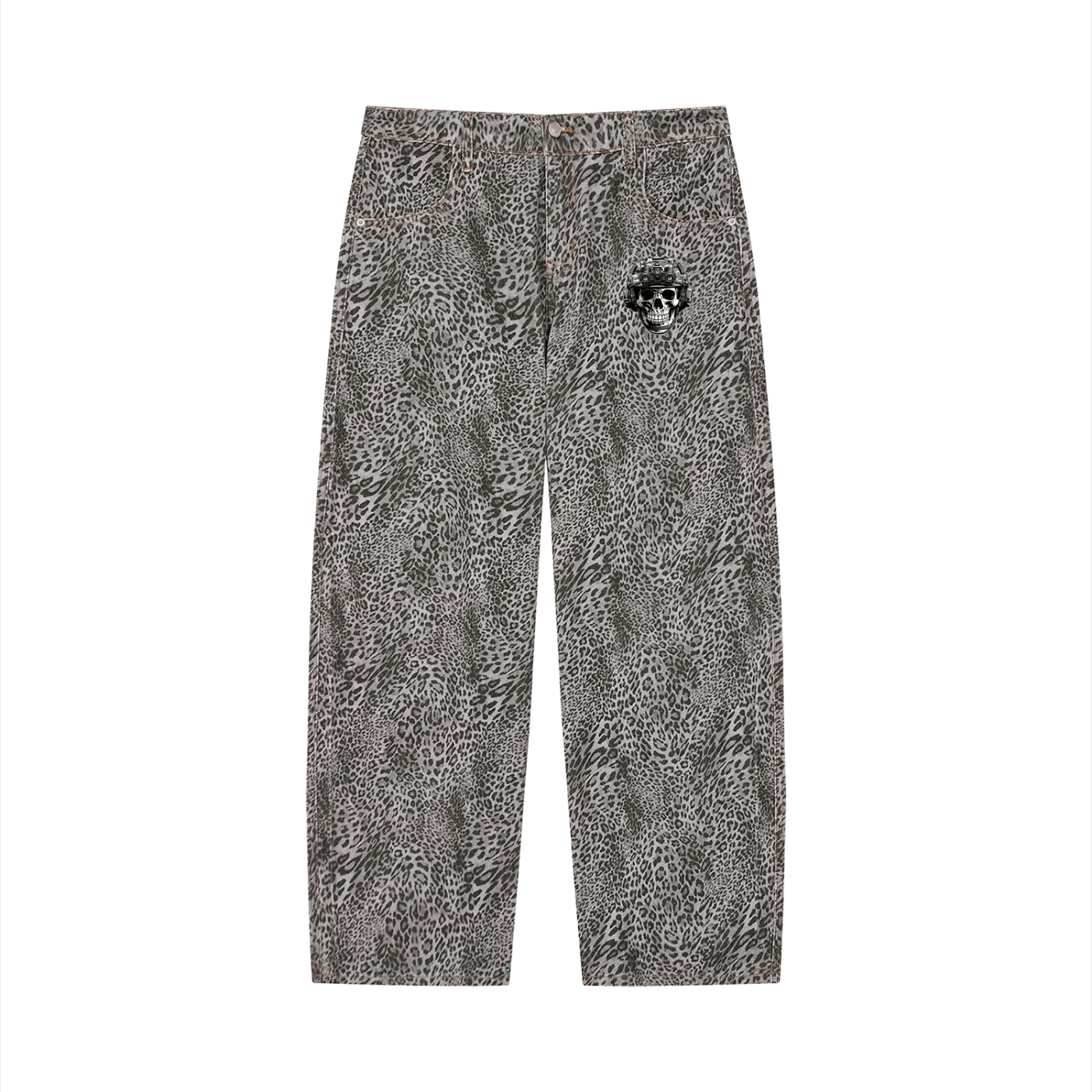 Unisex Vintage Wash Leopard Wide Leg Jeans