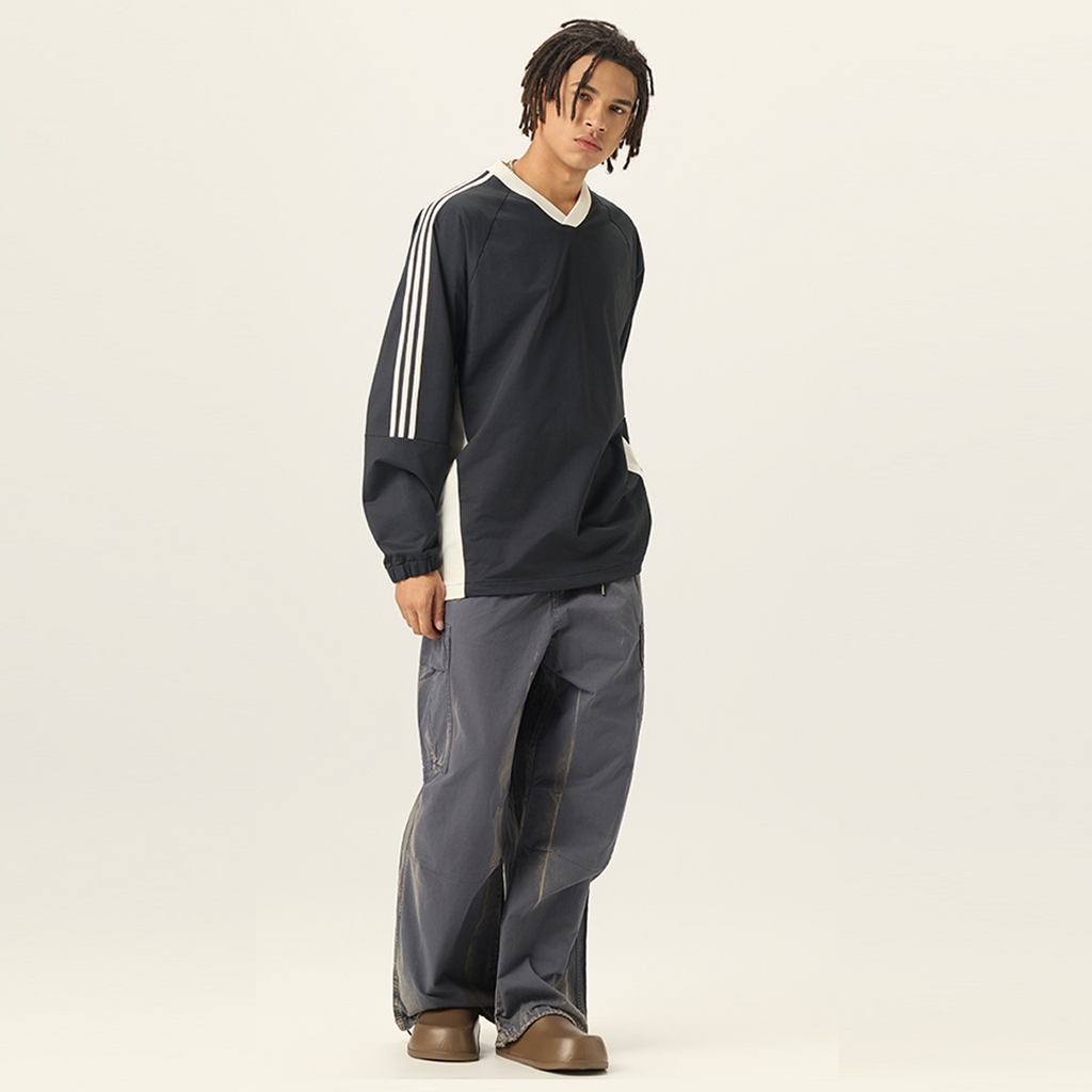Colorblock V-neck Long Sleeve Shirt（285GSM）
