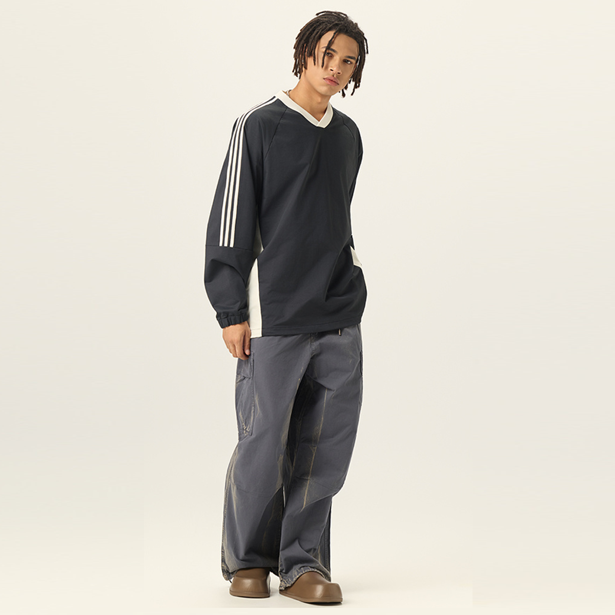 Colorblock V-neck Long Sleeve Shirt（285GSM）