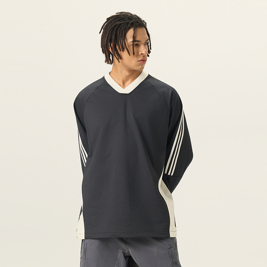 Colorblock V-neck Long Sleeve Shirt（285GSM）