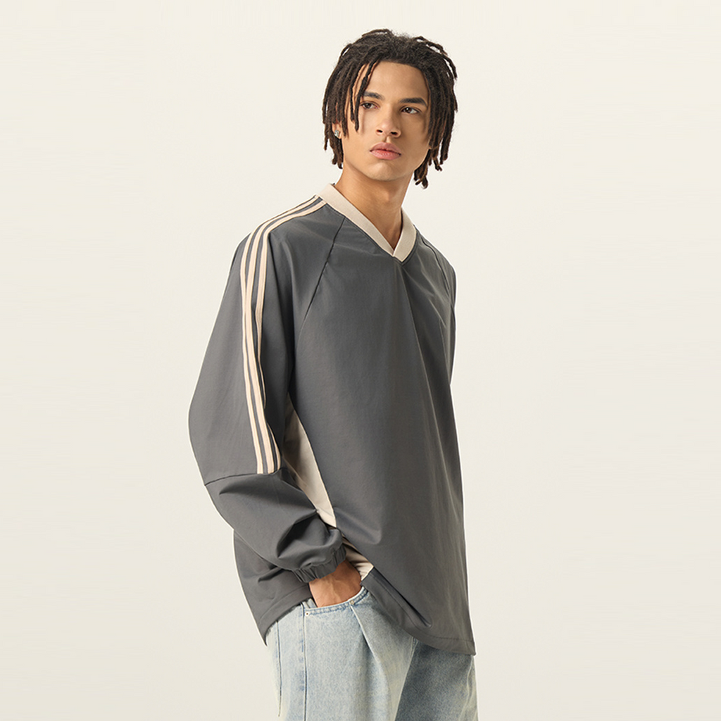 Colorblock V-neck Long Sleeve Shirt（285GSM）