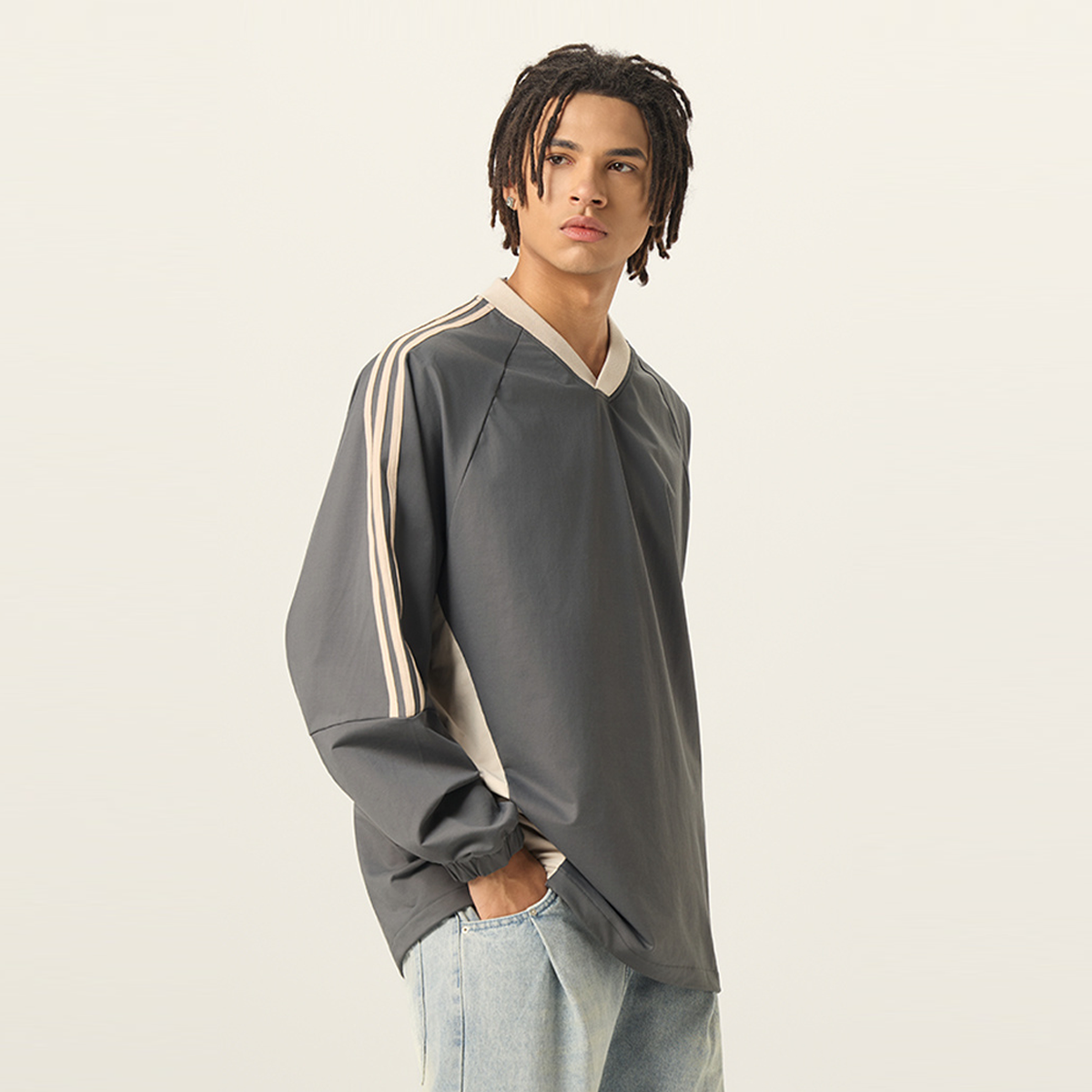 Colorblock V-neck Long Sleeve Shirt（285GSM）