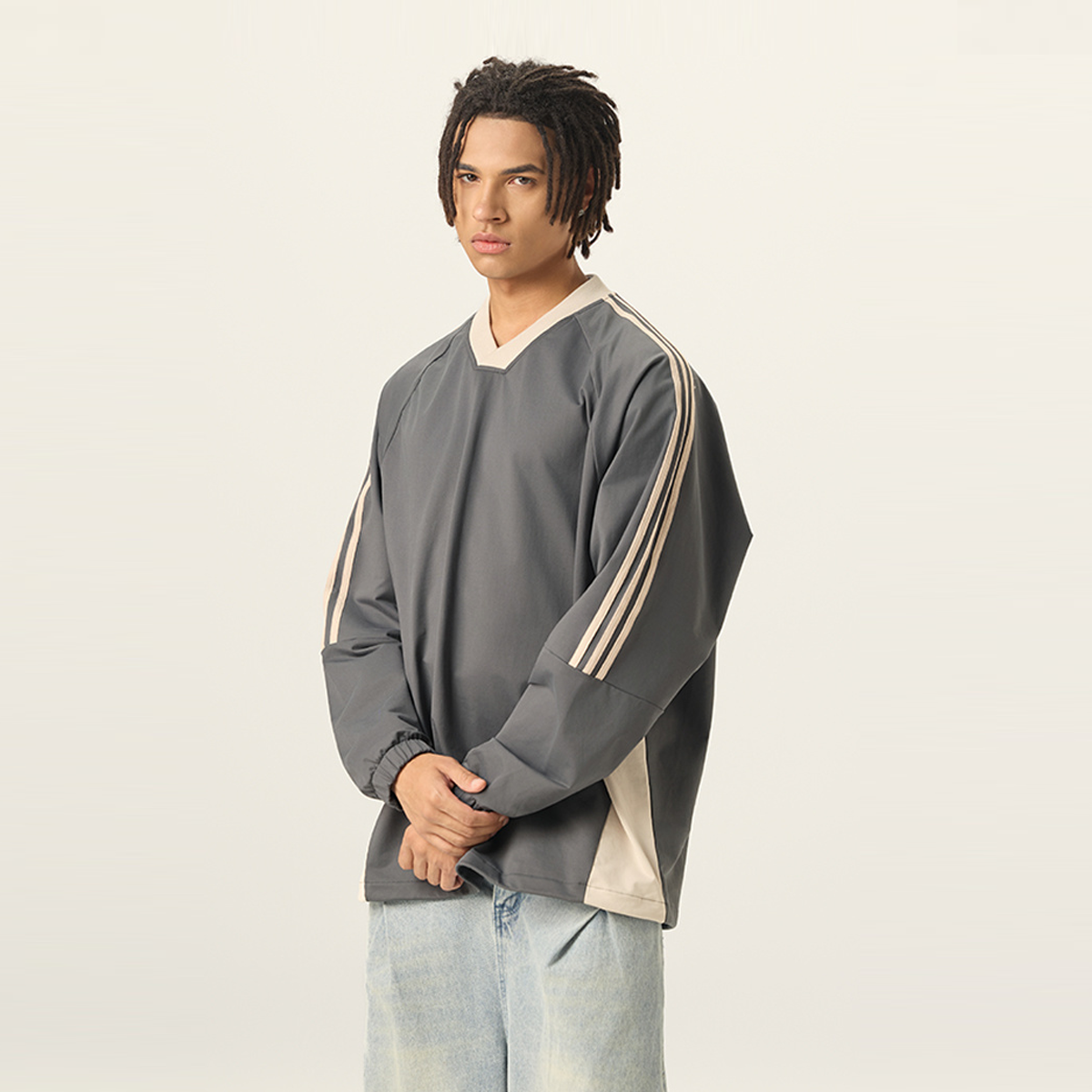 Colorblock V-neck Long Sleeve Shirt（285GSM）