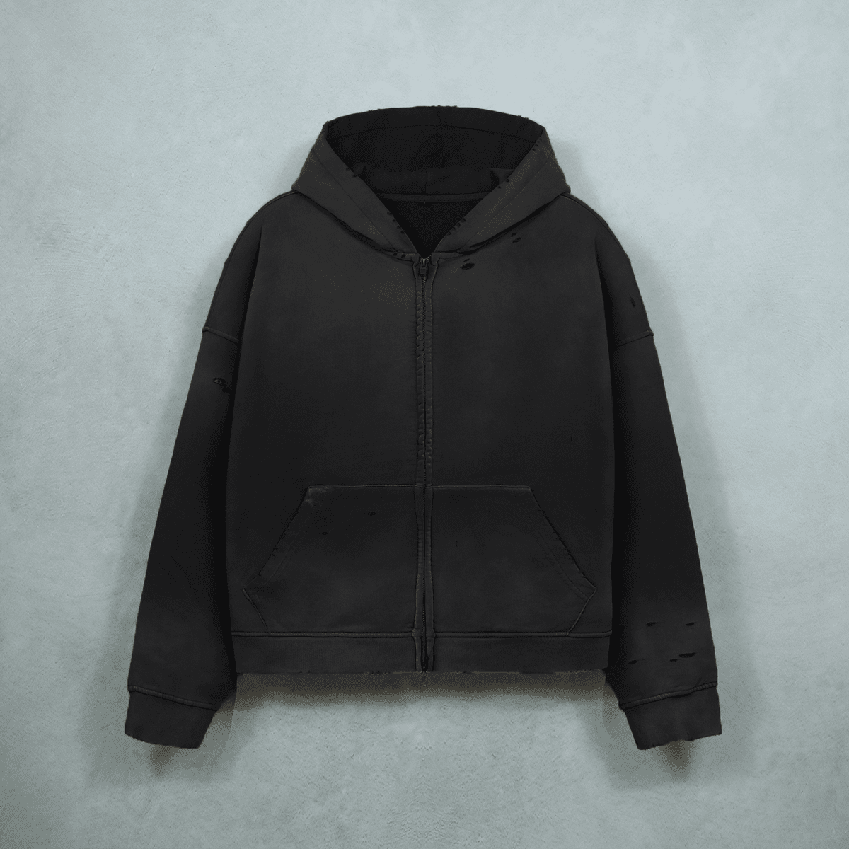 Unisex Heavyweight Washed Distressed Dystopian Streetwear Zip-Up Hoodie(420GSM)