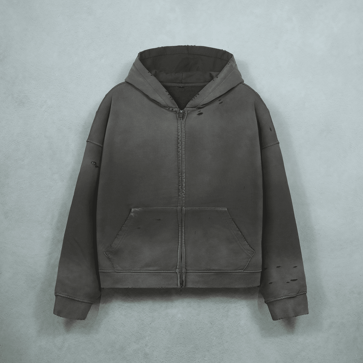Unisex Heavyweight Washed Distressed Dystopian Streetwear Zip-Up Hoodie(420GSM)
