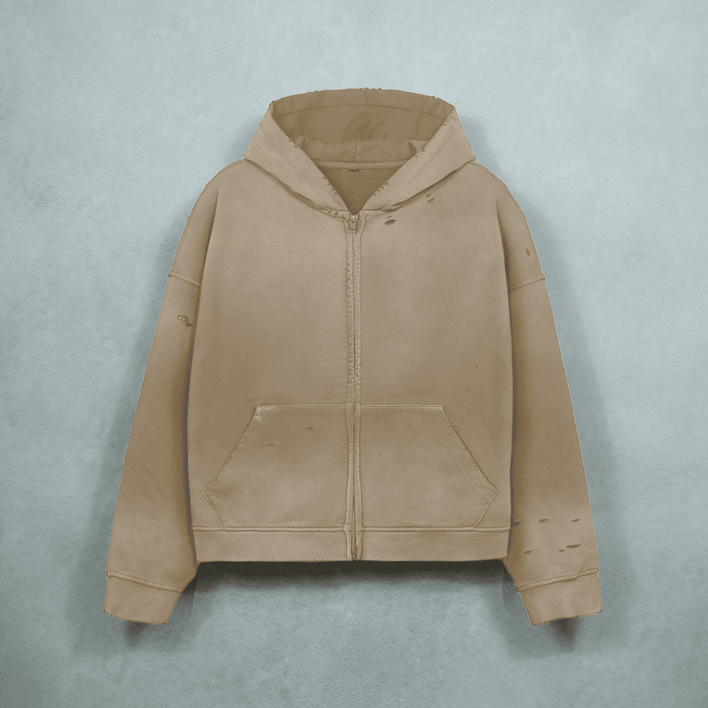 Unisex Heavyweight Washed Distressed Dystopian Streetwear Zip-Up Hoodie(420GSM)
