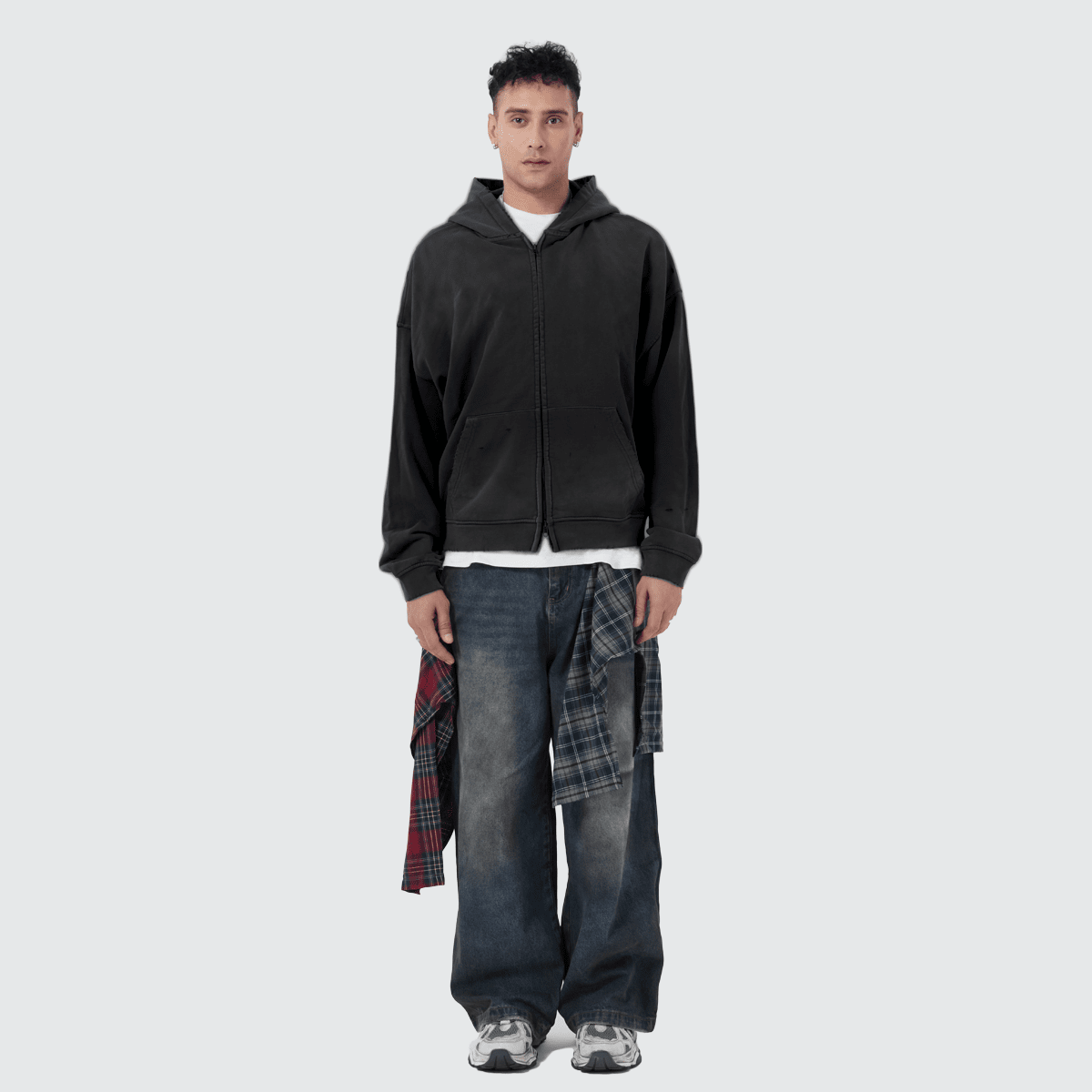 Unisex Heavyweight Washed Distressed Dystopian Streetwear Zip-Up Hoodie(420GSM)