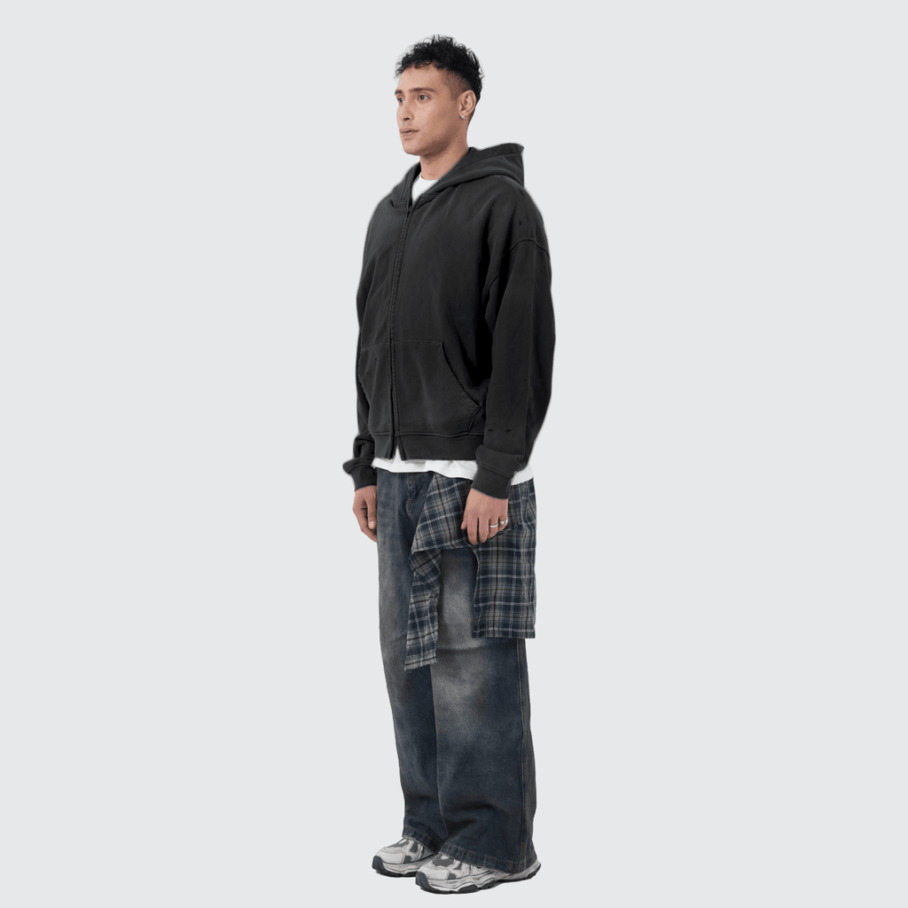 Unisex Heavyweight Washed Distressed Dystopian Streetwear Zip-Up Hoodie(420GSM)