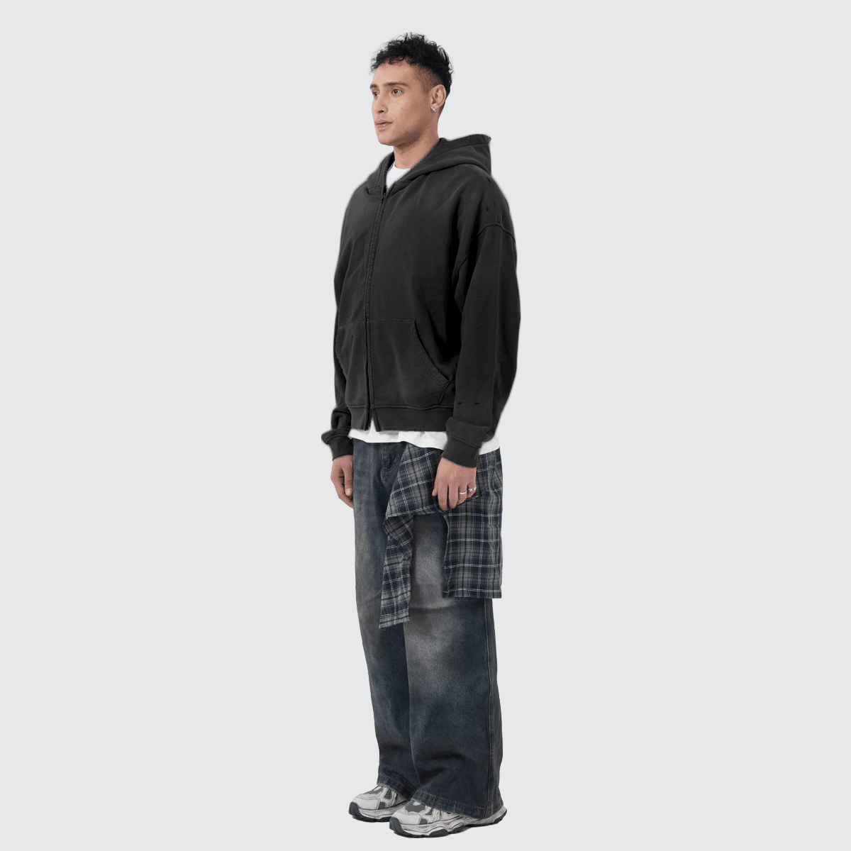 Unisex Heavyweight Washed Distressed Dystopian Streetwear Zip-Up Hoodie(420GSM)