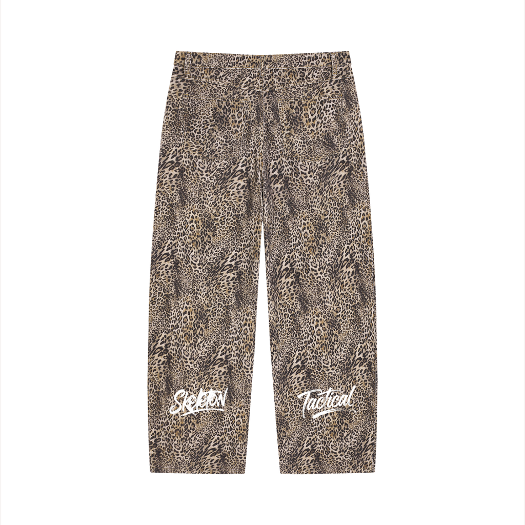 Unisex Vintage Wash Leopard Wide Leg Jeans