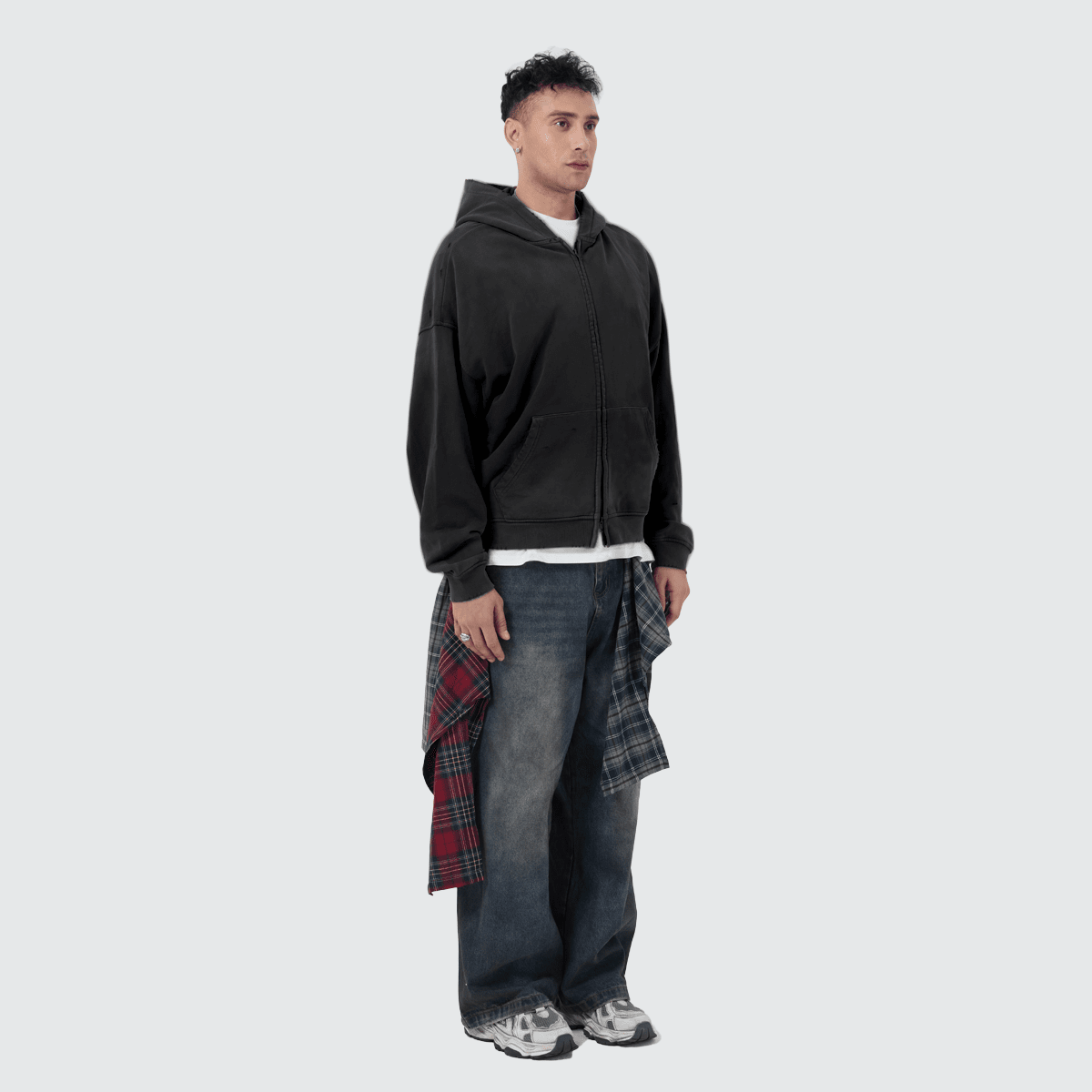 Unisex Heavyweight Washed Distressed Dystopian Streetwear Zip-Up Hoodie(420GSM)