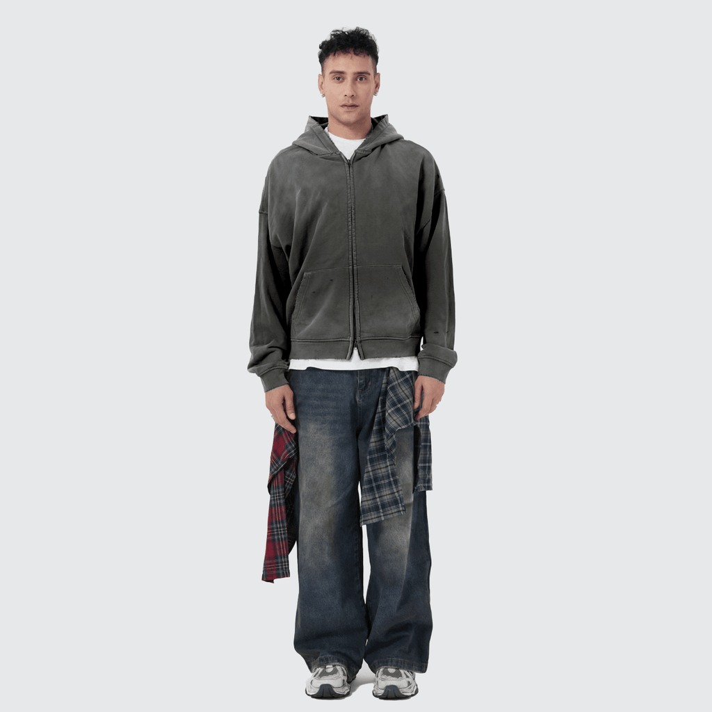 Unisex Heavyweight Washed Distressed Dystopian Streetwear Zip-Up Hoodie(420GSM)