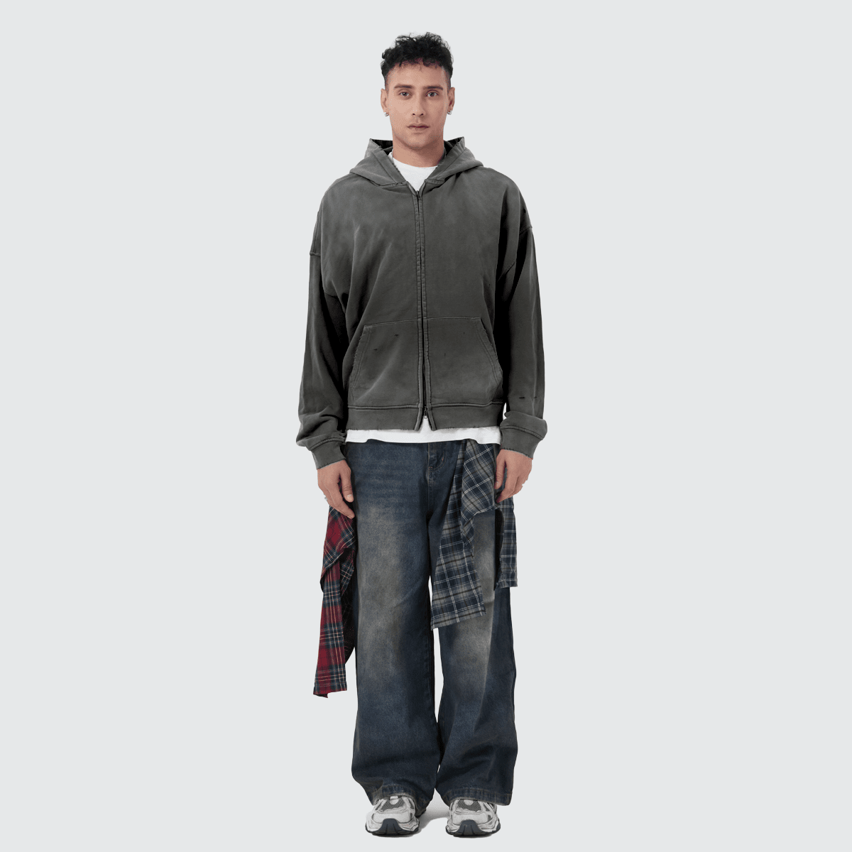 Unisex Heavyweight Washed Distressed Dystopian Streetwear Zip-Up Hoodie(420GSM)