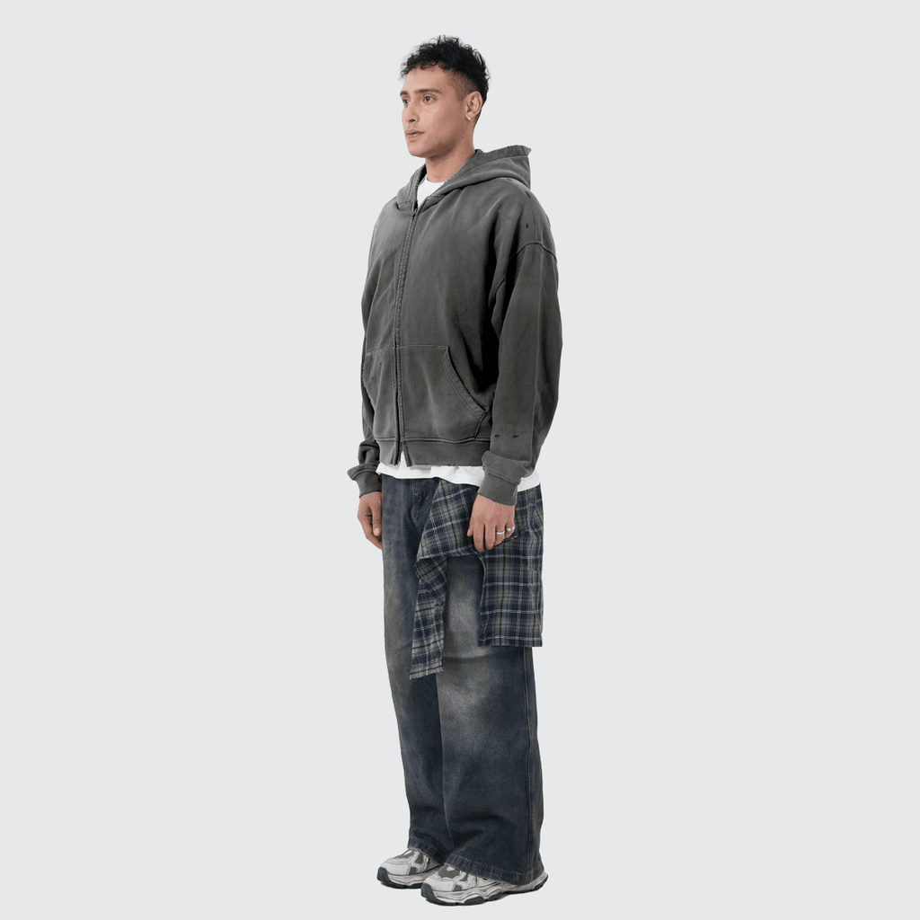 Unisex Heavyweight Washed Distressed Dystopian Streetwear Zip-Up Hoodie(420GSM)