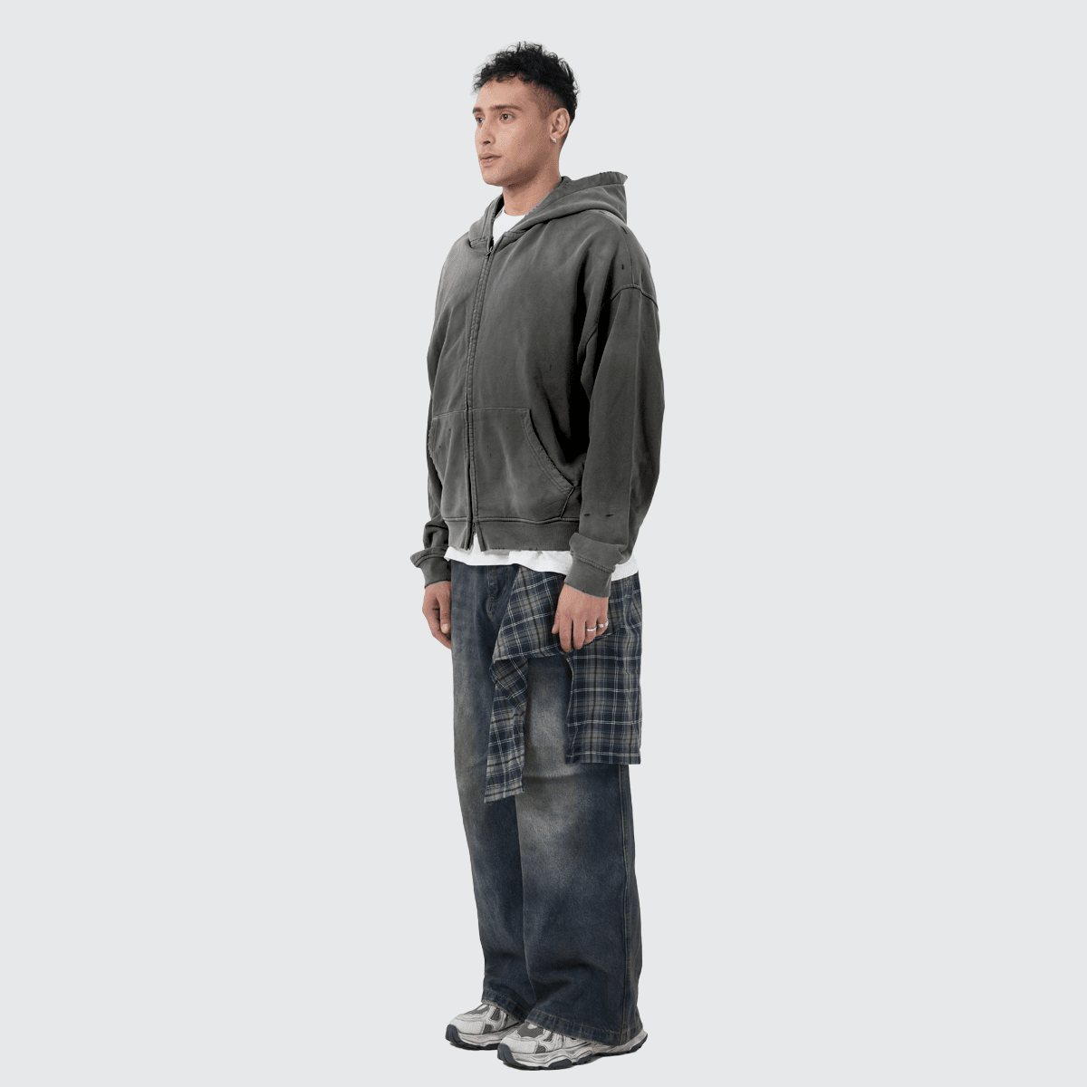 Unisex Heavyweight Washed Distressed Dystopian Streetwear Zip-Up Hoodie(420GSM)