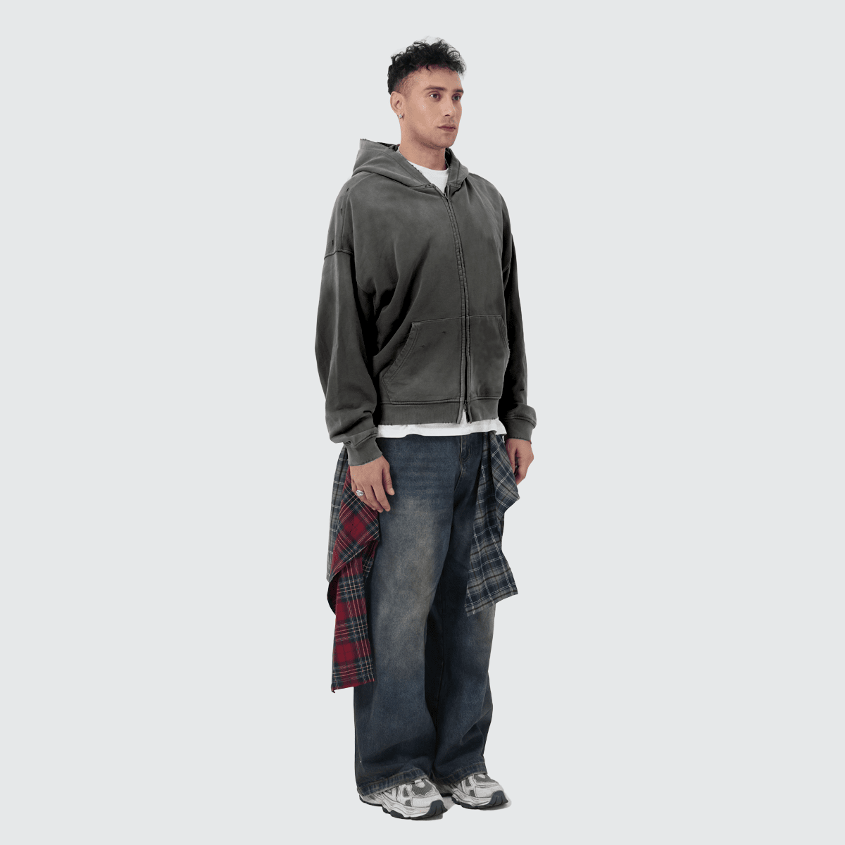 Unisex Heavyweight Washed Distressed Dystopian Streetwear Zip-Up Hoodie(420GSM)