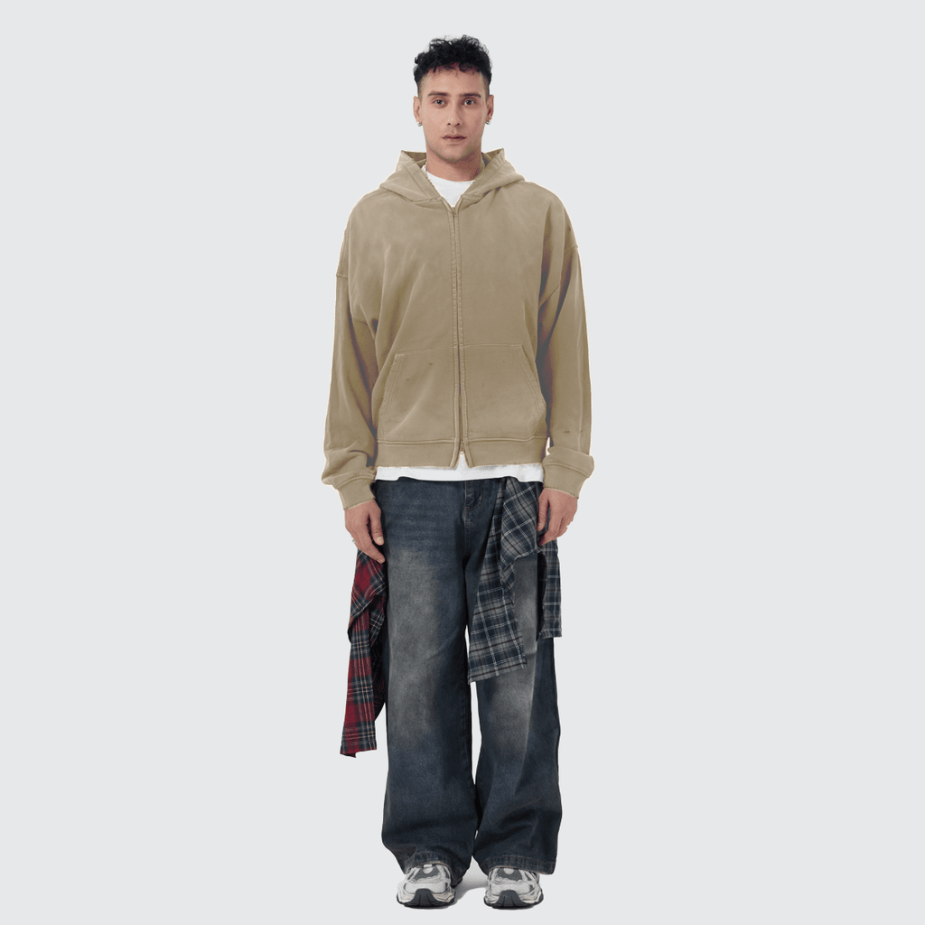 Unisex Heavyweight Washed Distressed Dystopian Streetwear Zip-Up Hoodie(420GSM)