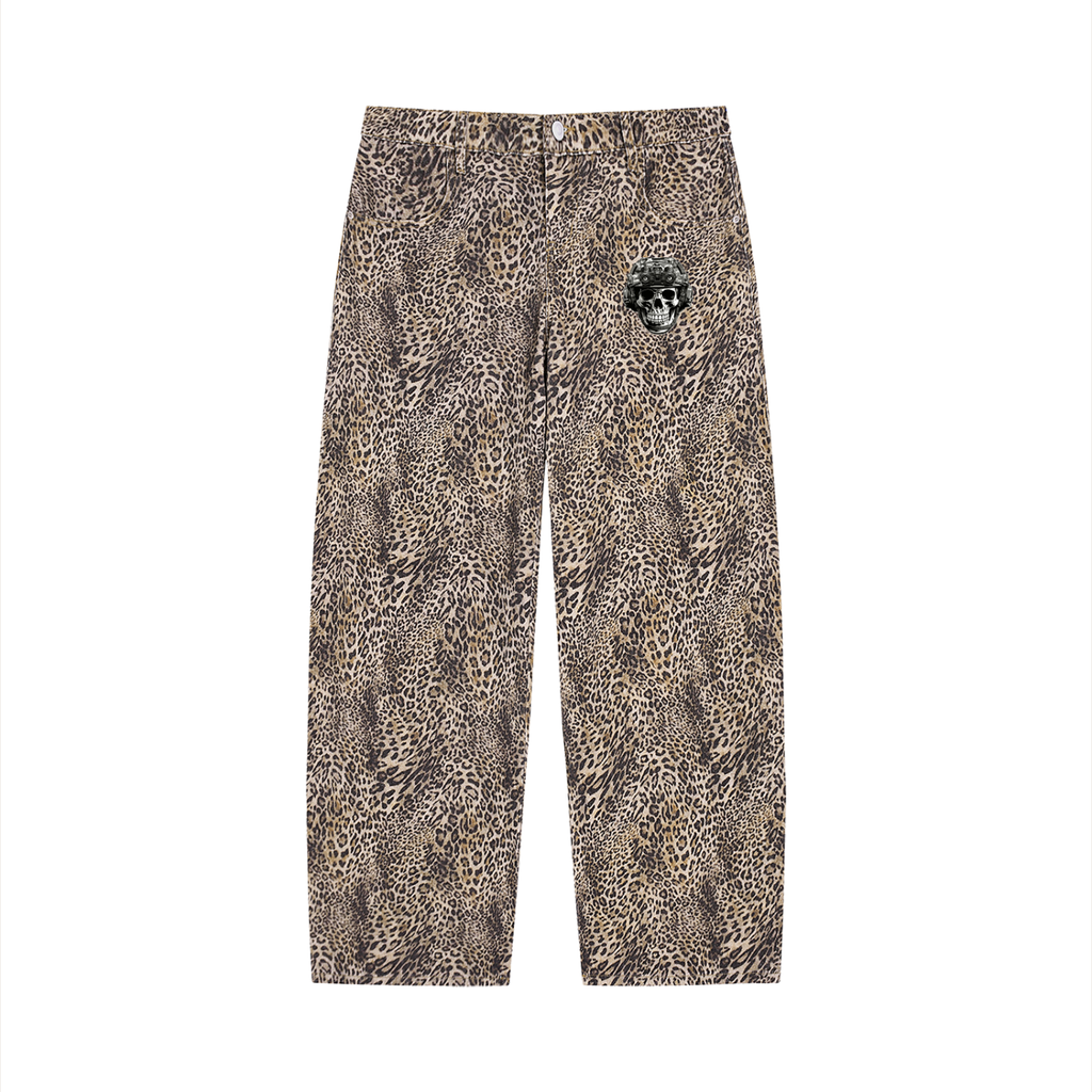 Unisex Vintage Wash Leopard Wide Leg Jeans