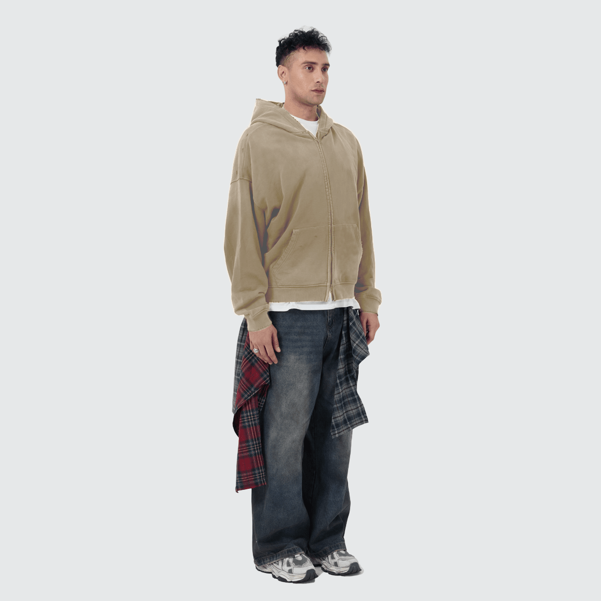 Unisex Heavyweight Washed Distressed Dystopian Streetwear Zip-Up Hoodie(420GSM)