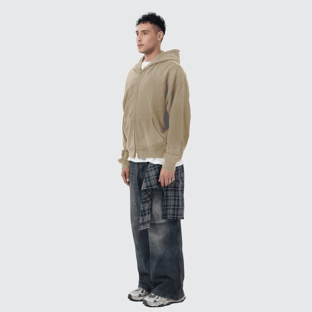 Unisex Heavyweight Washed Distressed Dystopian Streetwear Zip-Up Hoodie(420GSM)
