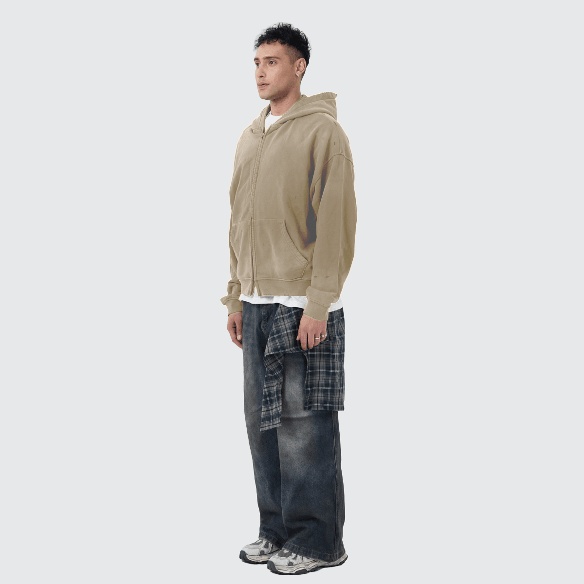 Unisex Heavyweight Washed Distressed Dystopian Streetwear Zip-Up Hoodie(420GSM)
