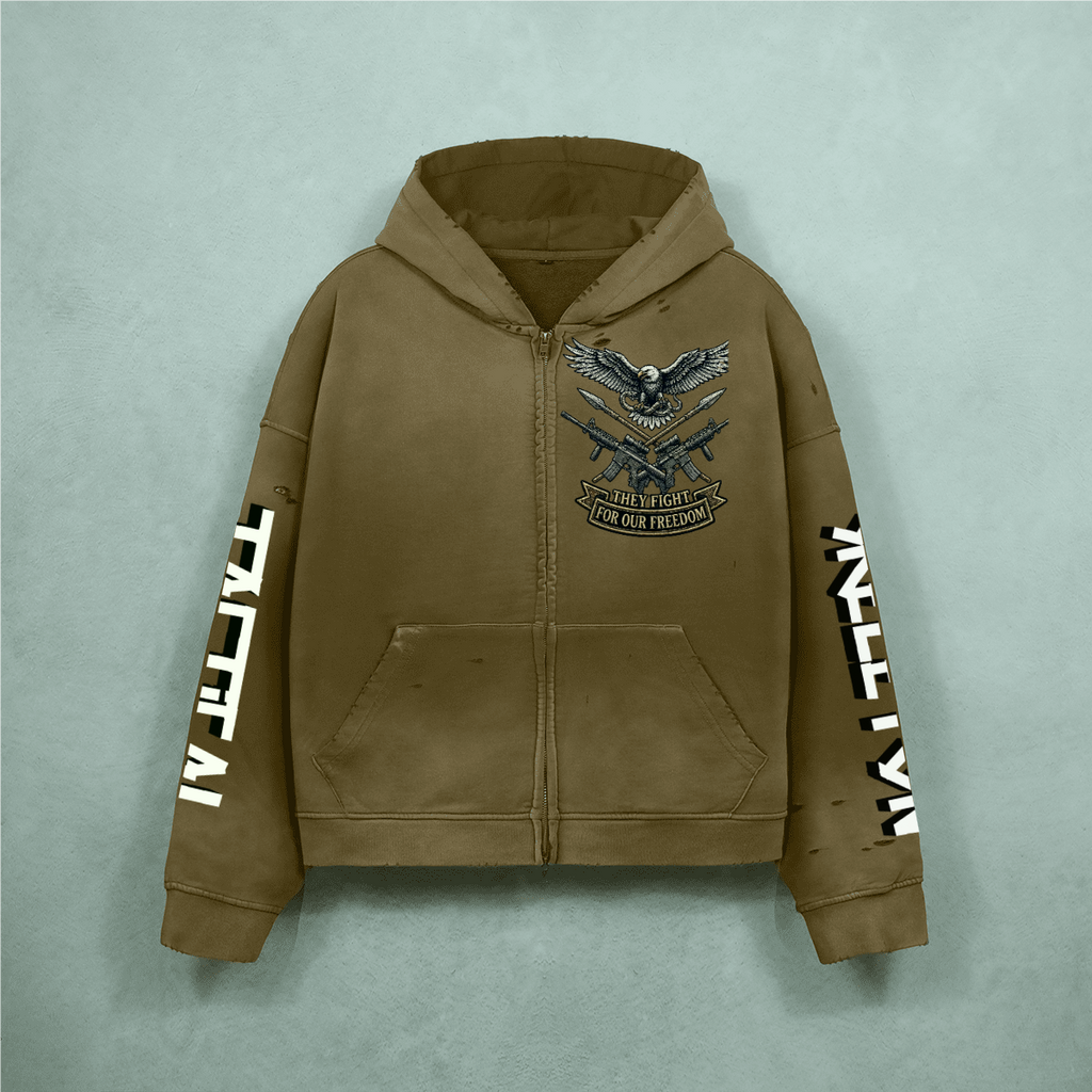 Unisex Heavyweight Washed Distressed Dystopian Streetwear Zip-Up Hoodie(420GSM)