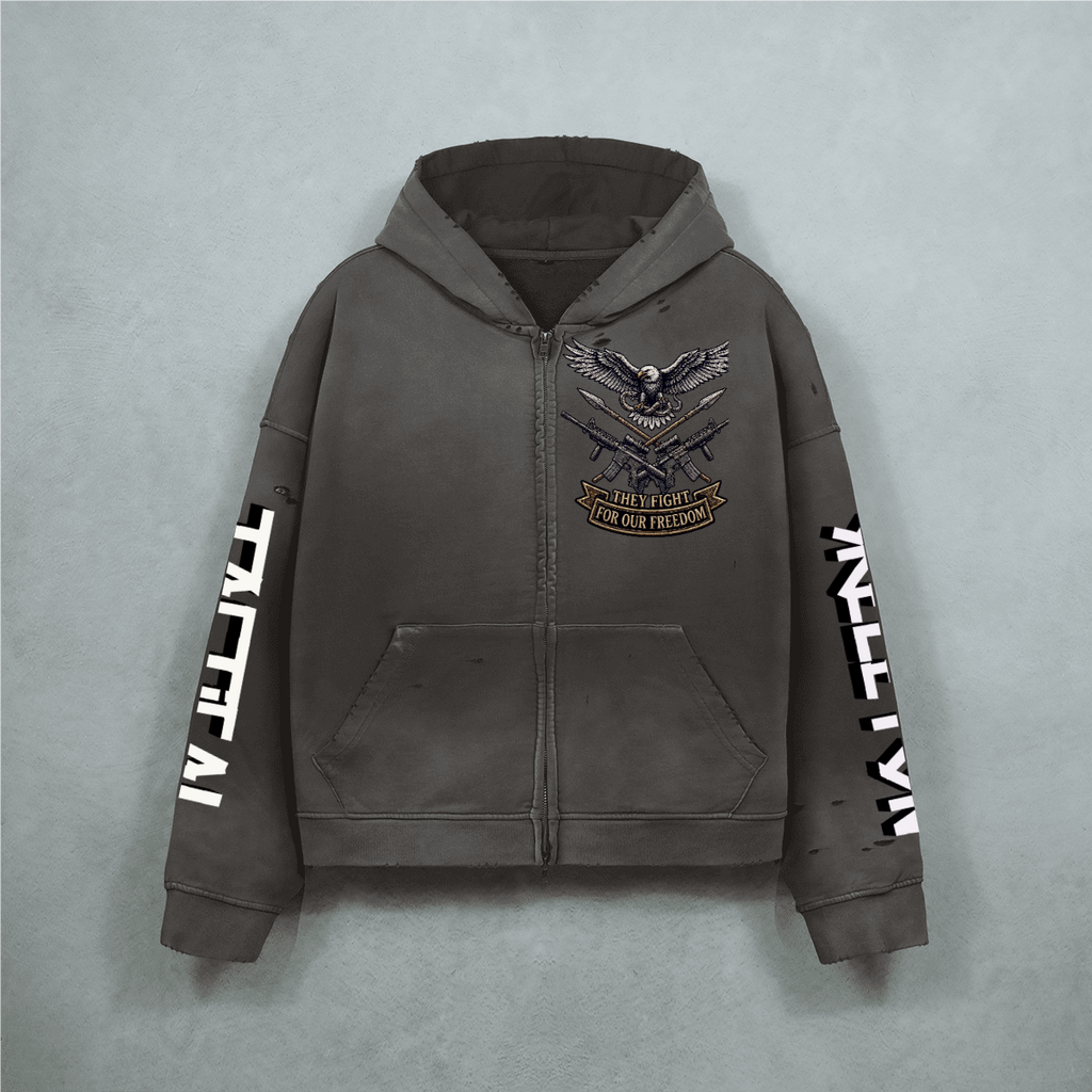 Unisex Heavyweight Washed Distressed Dystopian Streetwear Zip-Up Hoodie(420GSM)