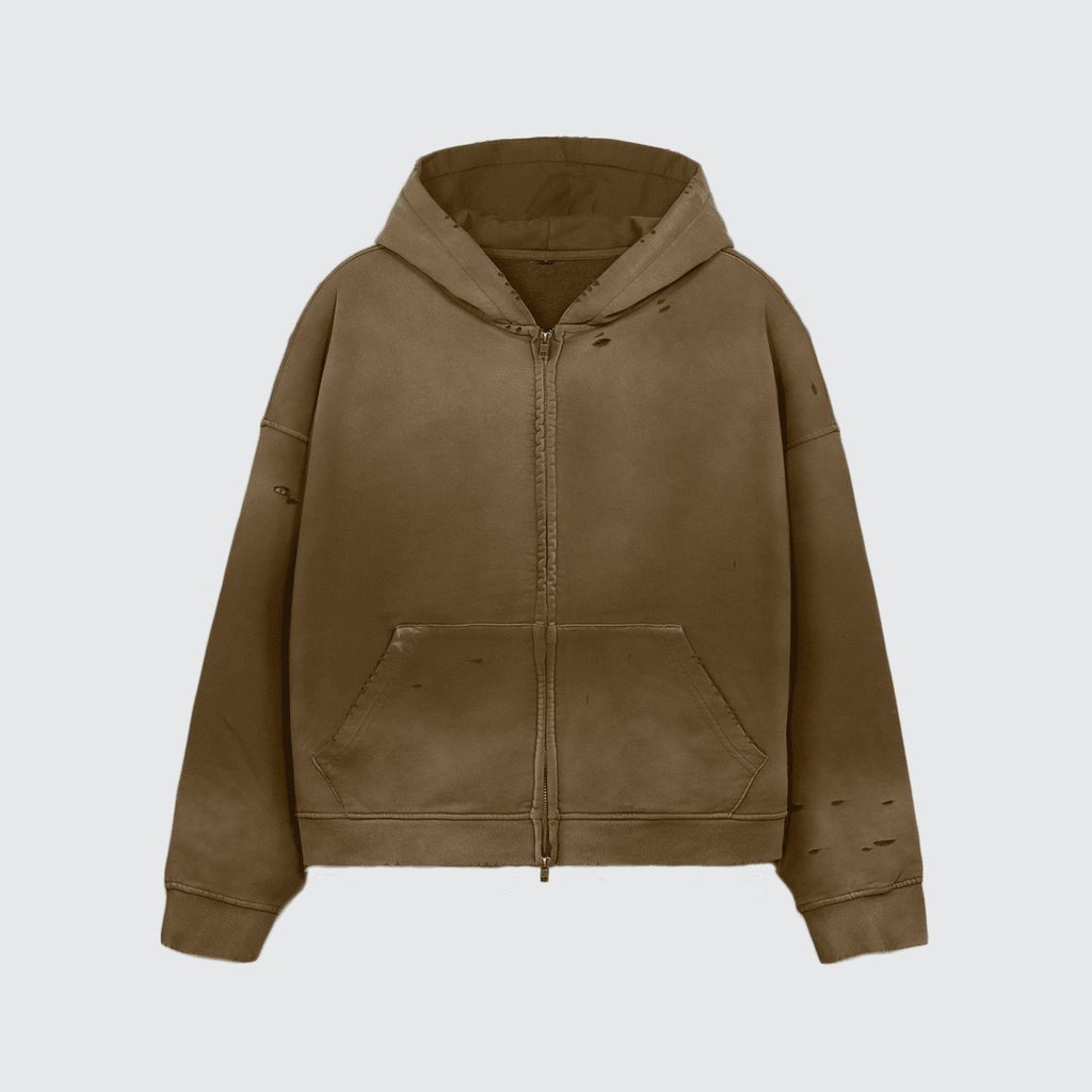Unisex Heavyweight Washed Distressed Dystopian Streetwear Zip-Up Hoodie(420GSM)