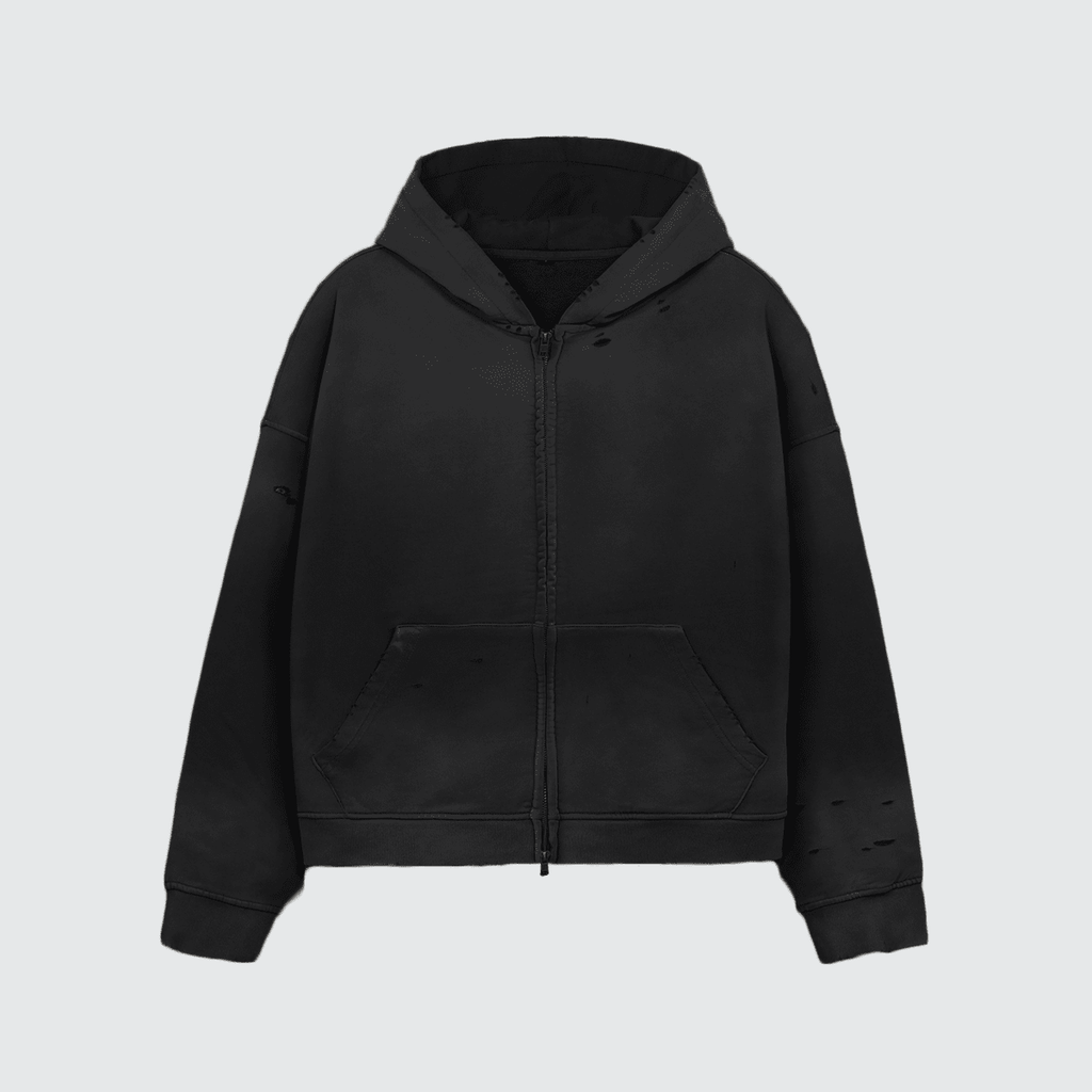 Unisex Heavyweight Washed Distressed Dystopian Streetwear Zip-Up Hoodie(420GSM)