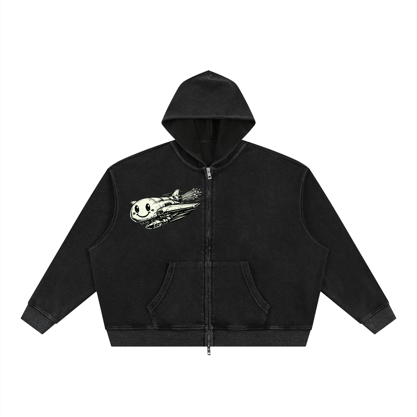 Unisex Vintage Wash Boxy Waffle Full Zip Hoodie