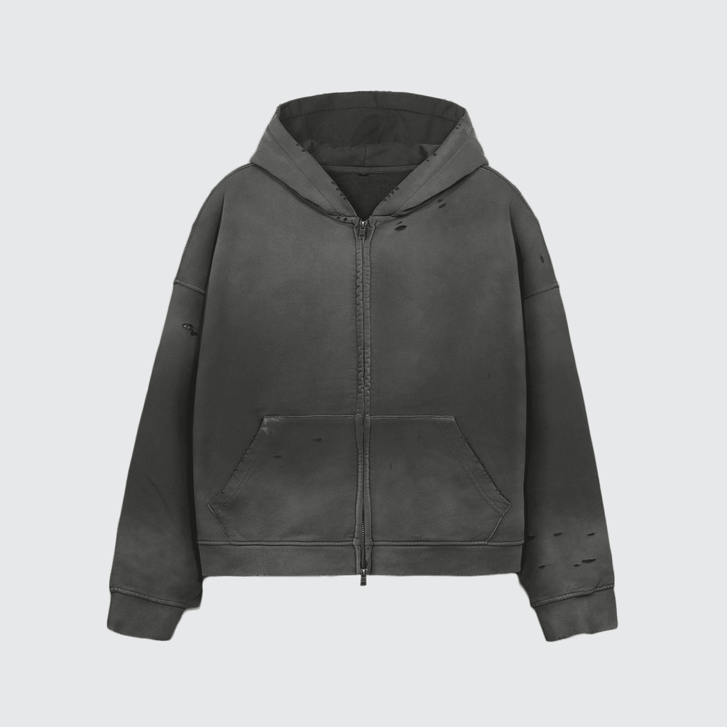 Unisex Heavyweight Washed Distressed Dystopian Streetwear Zip-Up Hoodie(420GSM)