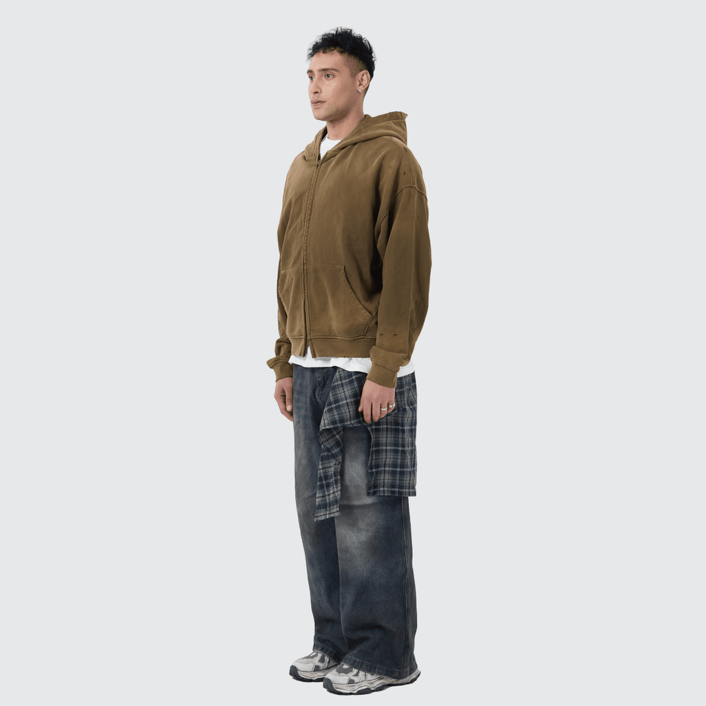 Unisex Heavyweight Washed Distressed Dystopian Streetwear Zip-Up Hoodie(420GSM)