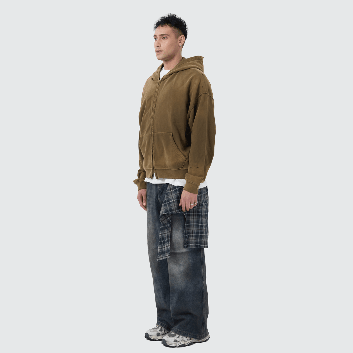 Unisex Heavyweight Washed Distressed Dystopian Streetwear Zip-Up Hoodie(420GSM)