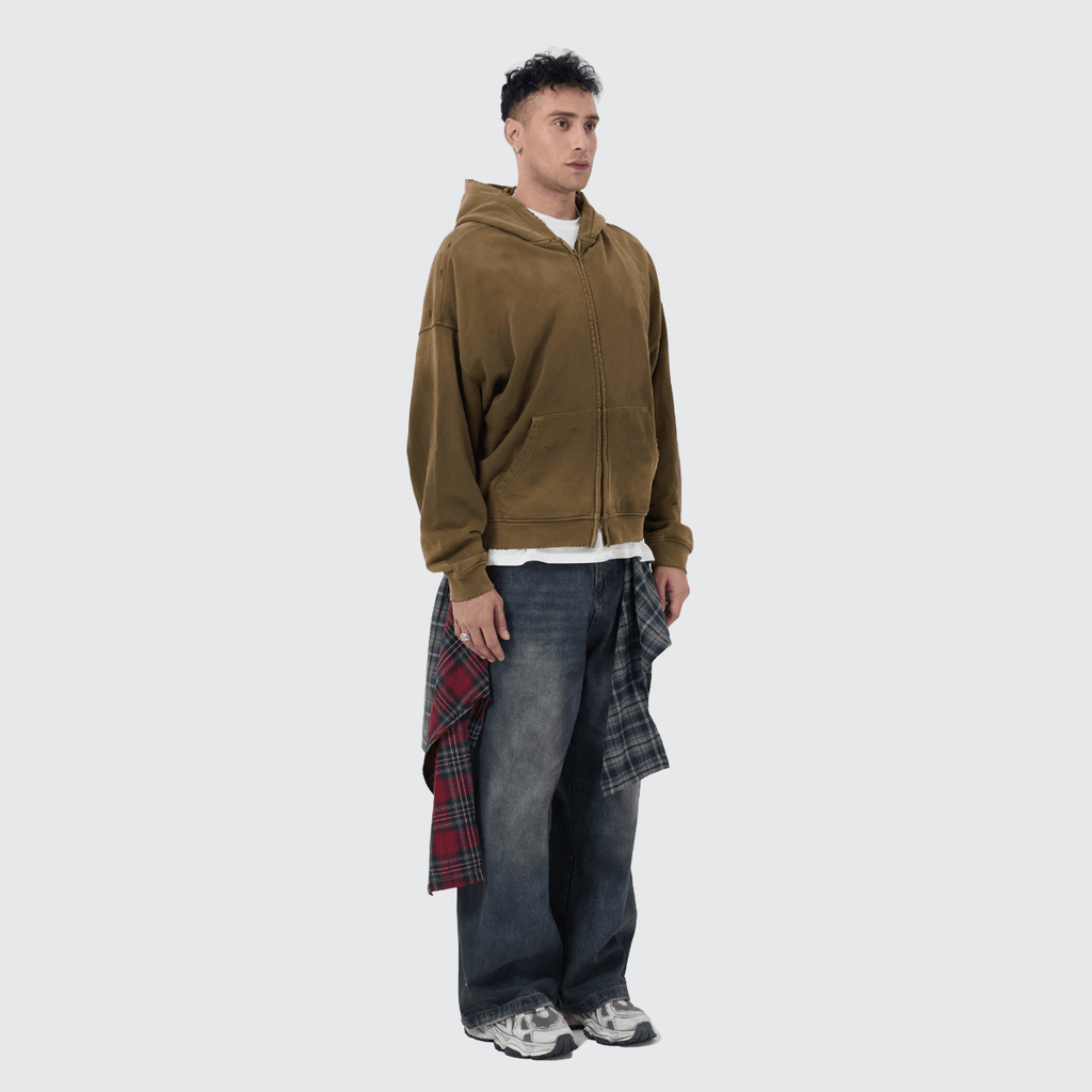 Unisex Heavyweight Washed Distressed Dystopian Streetwear Zip-Up Hoodie(420GSM)