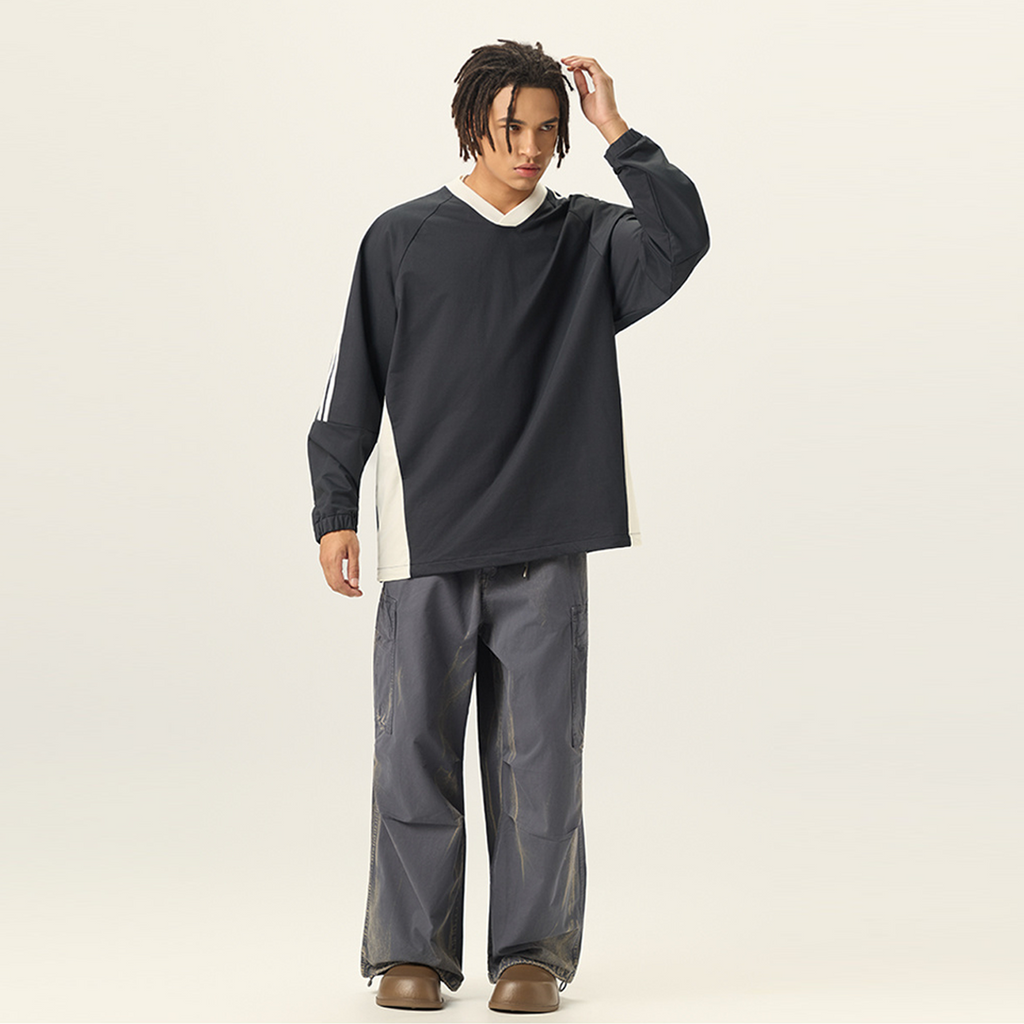 Colorblock V-neck Long Sleeve Shirt（285GSM）