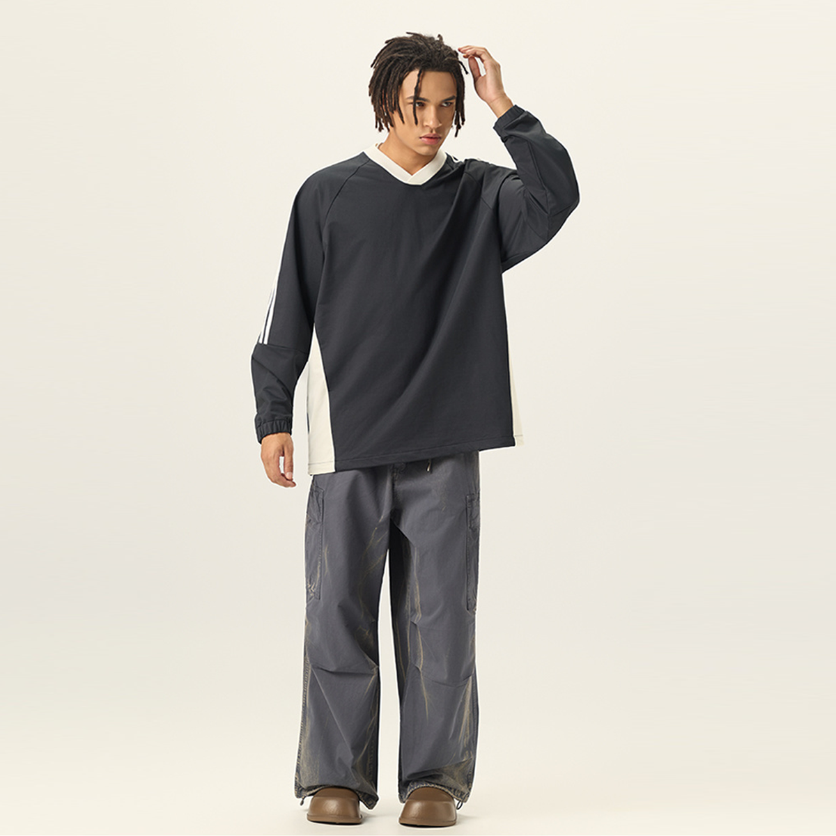 Colorblock V-neck Long Sleeve Shirt（285GSM）
