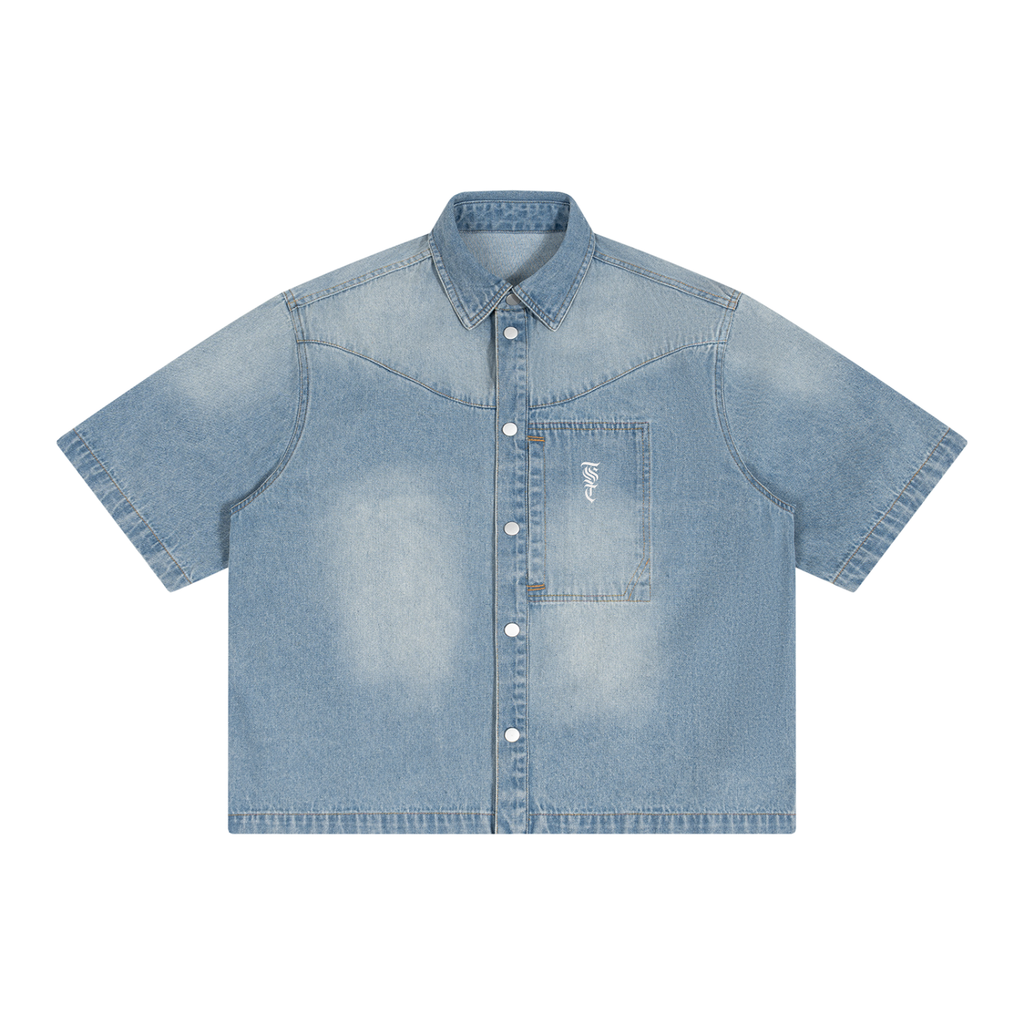 Unisex Vintage Wash Boxy Short Denim Shirt
