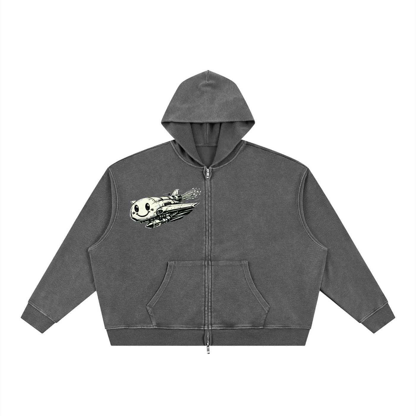 Unisex Vintage Wash Boxy Waffle Full Zip Hoodie