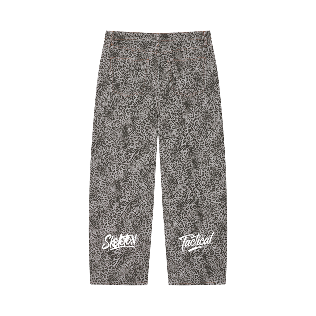 Unisex Vintage Wash Leopard Wide Leg Jeans